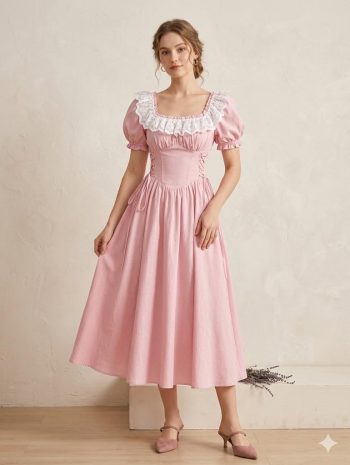 Robe mi-longue rose pastel style vintage avec col en dentelle blanche et laçage corset