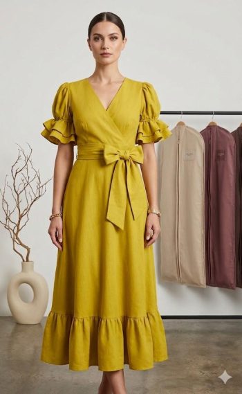 Robe Midi Portefeuille en Mélange de Lin Ocre Curcuma