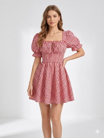 Robe d'Été Vichy Rouge à Manches Bouffantes
