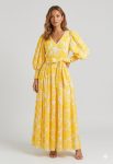 Robe Longue Fluide à Motif Floral Jaune et Col en V