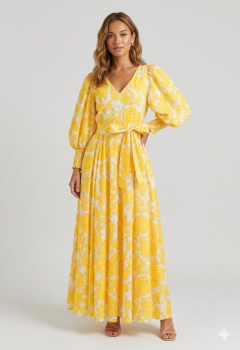 Robe Longue Fluide à Motif Floral Jaune et Col en V