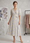 Robe Portefeuille Midi à Motif Végétal Pastel et Manches Bouffantes