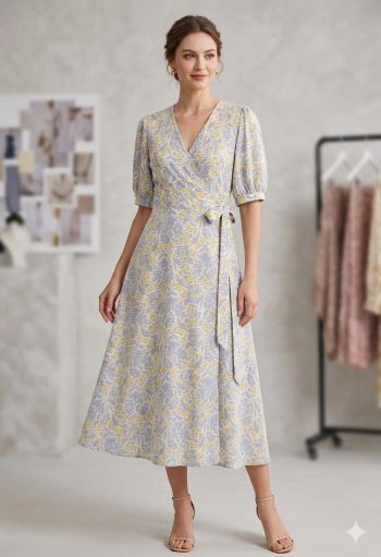 Robe Portefeuille Midi à Motif Végétal Pastel et Manches Bouffantes