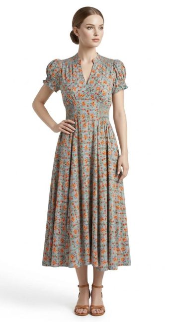 Robe Rétro Bleu Ciel à Imprimé Fantaisie, Taille Smockée et Manches Bouffantes