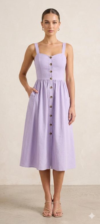 Femme portant une robe mi-longue lilas boutonnée à bretelles avec poches