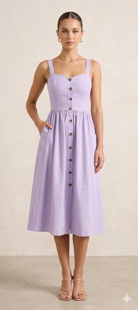 image (39) Femme portant une robe mi-longue lilas boutonnée à bretelles avec poches