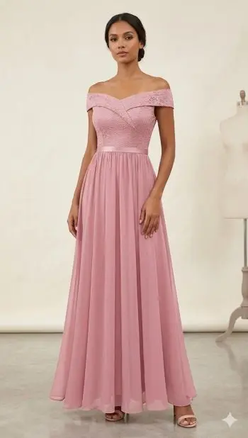 Mannequin portant une robe de soirée longue rose poudré avec haut en dentelle à épaules dénudées et jupe fluide