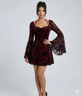 Robe Courte Gothique Velours et Dentelle Florale à Manches Cloche