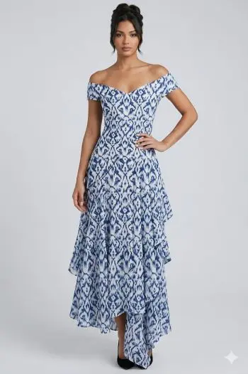 Robe Évasée Asymétrique à Motifs Ikat Bleus – Encolure Bardot