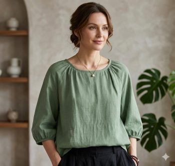 Blouse Minimaliste Vert Sauge à Manches 3/4