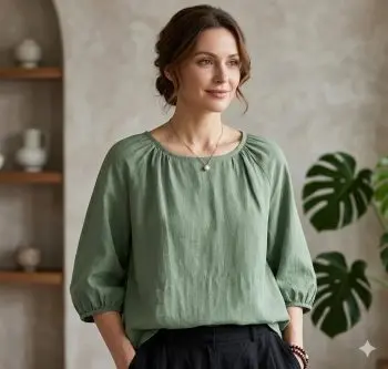 Blouse Minimaliste Vert Sauge à Manches 3/4